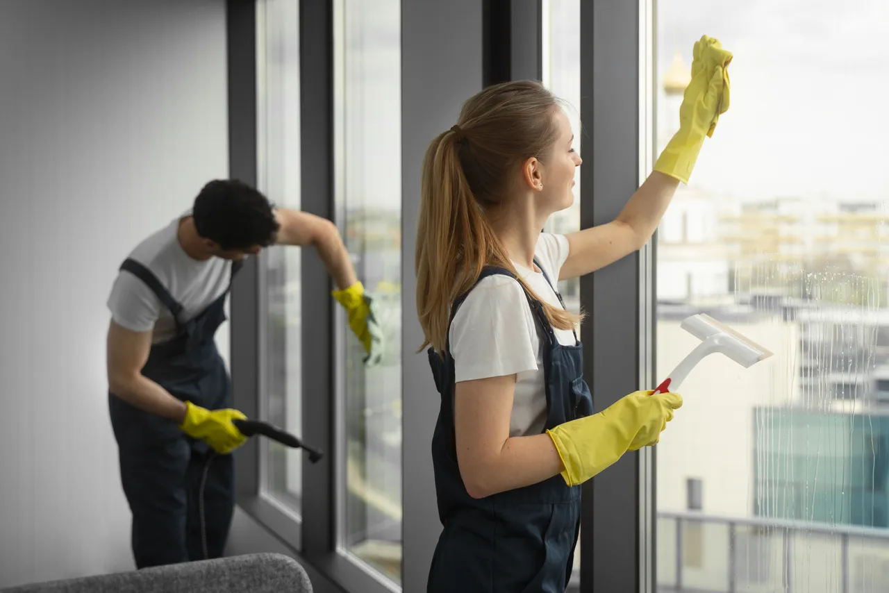 Shot People Cleaning Building